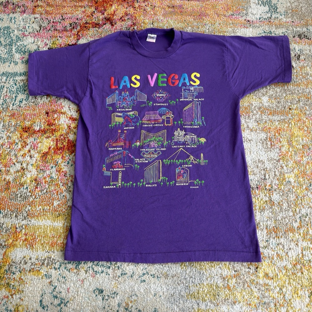 Vintage 90s Las Vegas Strip Hotel Casino Graphic T-Shirt Purple L Single Stitch